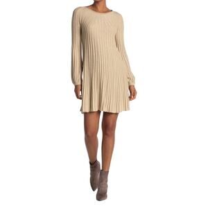 Max Studio Tan Mini Dress Sz L Long Sleeves Round Neck Ribbed & Pleated Knit New
